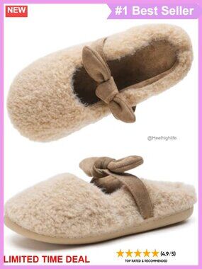 Fuzzy Mary Jane Slippers with Bow, Plush Lined Memory Foam, Non-Slip